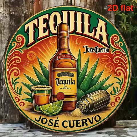 2D Flat Vintage Jose Cuervo Tequila Wooden Sign, Retro Mexican Alcohol 8inch Round Plaque, Aesthetic