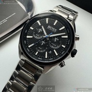 BOSS手錶,編號HB1513857,46mm銀圓形精鋼錶殼,黑色三眼, 中三針顯示, 運動錶面,銀色精鋼錶帶款