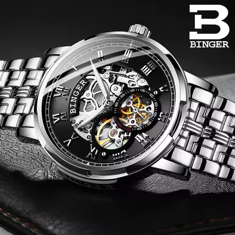 Swizerland Brand Binger For Mens Watch Self-wind Automatic Mechanical Wristwatch Double Skeleton Mal