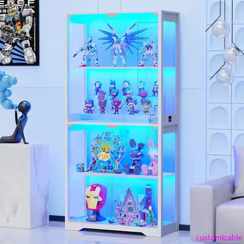 Display Cabinet with Glass Doors, 4-Tier Curio Cabinet with 3 Color Lights for Collectibles, Glass D