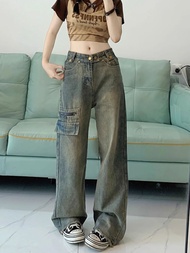 ins Plus size retro cargo Jeans for women girls Korean style high waisted loose mop pants