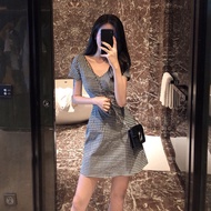 Women Korean Style Casual Dress, Slim Fitting V-neck Short Sleeve Waist Cinching Midi A-Line Dress