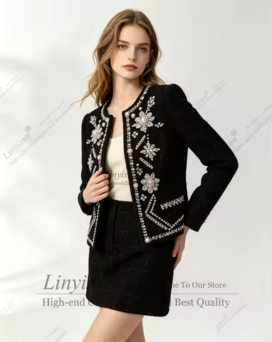 Female Elegant Crystal Fringed Blazers Coat Weave Jacket Tops + A-Line Pleated Skirt Autumn Winter 2