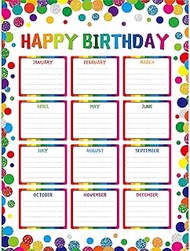 Classroom Birthday Chart with 20 Glue Dots, Reusable Happy Birthday Poster, Confetti Classroom Decor