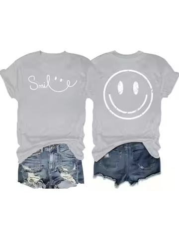 Smile Front & Back Smiley Face Women's Tee - Positive Graphic, Casual Gray Top