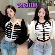 JJ shop Striped Tank Top Silk Fabric Gold Decorative Buttons Looks Expensive "4319" -N