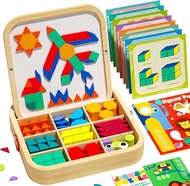 Wooden Magnetic Pattern Blocks Set with Cards 288 PCS Montessori Tangram Puzzle Learning Toys for To