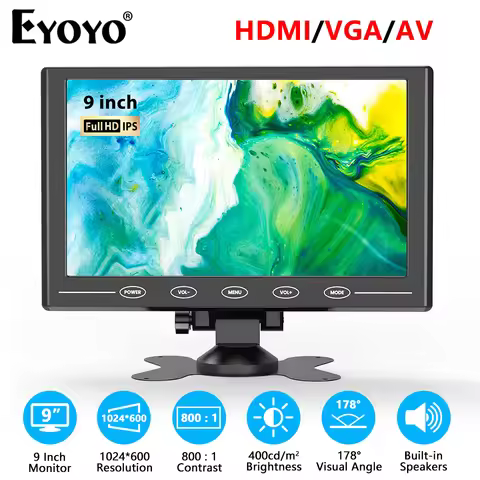 Eyoyo EM09A 9" Small IPS Monitor 1024x600 Resolution With Remote Control & Speakers, HDMI/VGA/AV Vid
