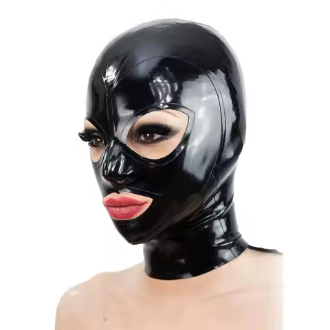 Halloween Unisex Black Latex Zipped Hood Mask Head Cover Open Eyes Mouth And Nostrils for Lingerie N
