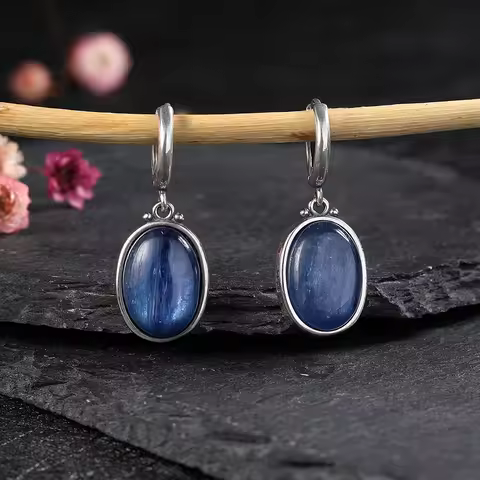 Simple Style Large Oval Natural Kyanite S925 Silver Hoop Earrings Gems Elegant Pendant Luxury Jewelr