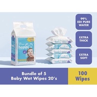 Hoppi Premium 99% Water Baby Wet Wipes (Bundle:20 Wipes x 5 Packs)