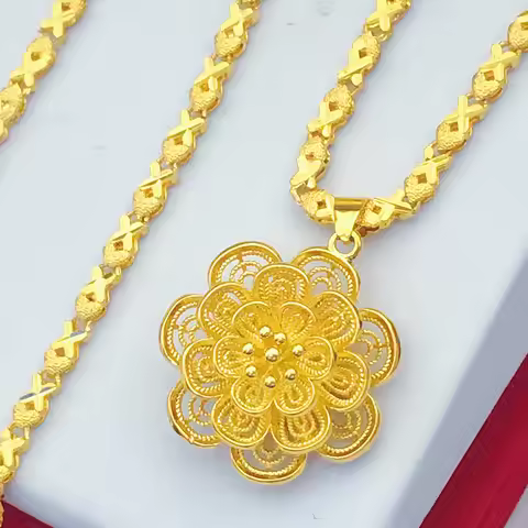 Women's 24K Gold (AU999) Large Flower Necklace | 3D Relief Petals, Hammered Texture with Turquoise C