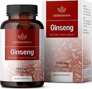 HERBAMAMA Ginseng Capsules - Brain Booster &amp; Energy Supplements for Focus, Stamina &amp; Immune Support - Korean Red Panax Ginseng Extract to Help Reduce Stress - Non-GMO, Gluten Free - 1600mg, 100 Caps