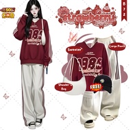 Y2K Korean Style Women's One Set - (Cargo Pants + Maroon Sweater + Shoulder Bag) Y2K Trendy Korean S