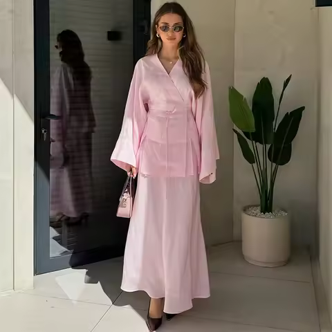 Two Pieces Women Dress Sets Solid Matching Sets Lace Up V Neck Long Sleeves Top Empire Waist Skirt L
