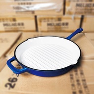 Enameled Cast Iron Ceramic Skillet with Side Drip Spouts - 28cm Round Frying Pan with White Ceramic Enamel Coated Interior