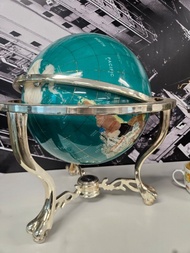 奢華工藝 天然半寶石手工拼貼地球儀 (翡翠綠海洋) 附歐式古典獸足銀色金屬支架 辦公室豪宅擺飾』