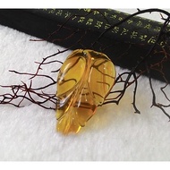 [Disk Crystal] [Successful Career] Natural Burmese Amber Gold Blue Leaf Carving Pendant JX-14 (35.5x