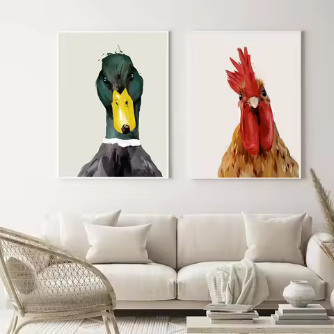 Quirky Duck Chicken Wall Art Prints Farmhouse Kitchen Animal Art Poster Modern Duck Wildlife Art Pai