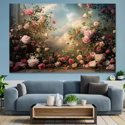 Romantic Rose Garden Tapestry - Elegant Floral Wall Hanging with Cloudy Sky for Home Aesthetic Enhan