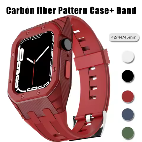 Carbon Fiber Case+Strap for Apple Watch Band 9 8 7 45mm Silicone PC cover for iwatch series 6 SE 5 4