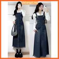 Drama Woman Set Crop Top Long-Sleeve Blouse Slim-Fit Jean Dress Suit Retro Denim Strap Skirt Two-Pie