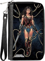 DC Comics Wallet, Zip Around, Wonder Woman Standing Swords Pose with Lasso of Truth Blue, Vegan Leat