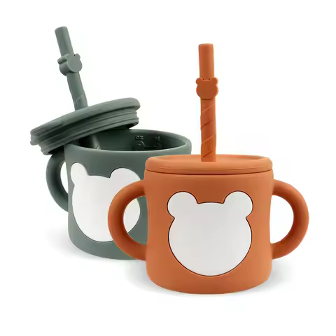 Silicone Water Cups,Learning Drink Cup with Straw, Anti Drop Double Handle Graduated Straight Drink 