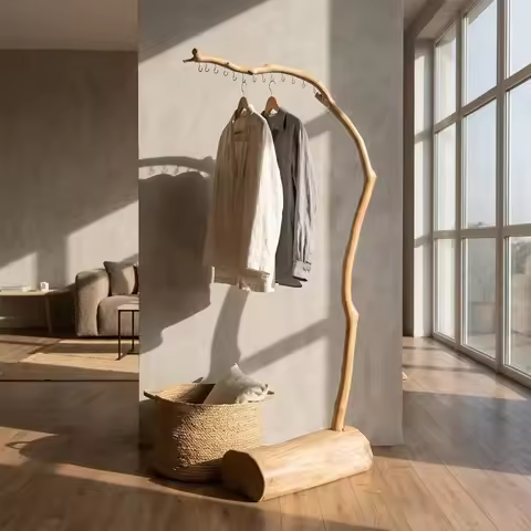 Wooden Hotel Clothes Rack Room Japandi Modern Hallway Clothes Stand Bedroom Storage Vintage Perchero