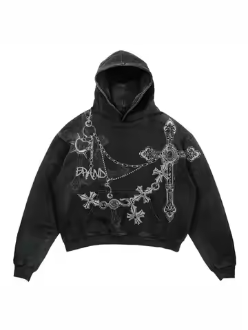 Harajuku Retro Printed Casual Sports Hoodie American Street Hip-hop Hoodie Couple Sports Y2K Top