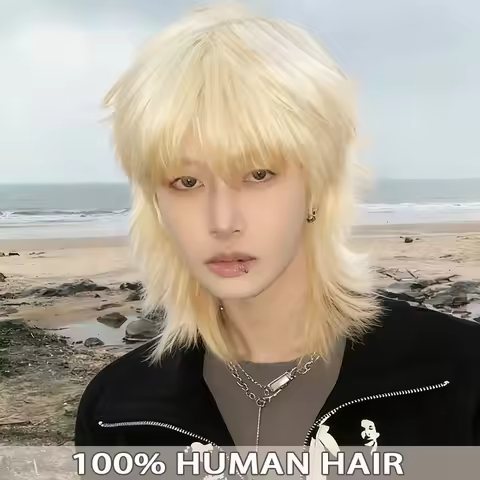 Men'S 613 Blonde Short Retro Layered Mullet Pixie Human Hair Wig with Bangs Face-framing Wolf Cut Wi