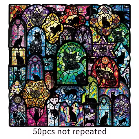 50 Pieces Stained Glass & Black Cat Stickers - Unique Mysterious Scene Creative Cartoon Cat Decals L