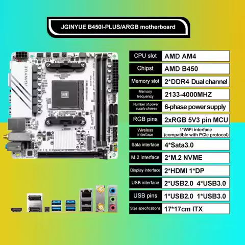 JGINYUE AMD AM4 ITX Motherboard supports Ryzen R3 R5 R7 1/2/3/4/5 series CPU DDR4 RAM Desktop PC PCI
