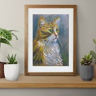 Cat portrait oil pastels drawing on paper home wall decoration, kids room décor