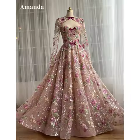 Amanda Customized Pink Floral Embroidery Ball Gown Prom Dress Sequined Long Sleeve vestidos de noche