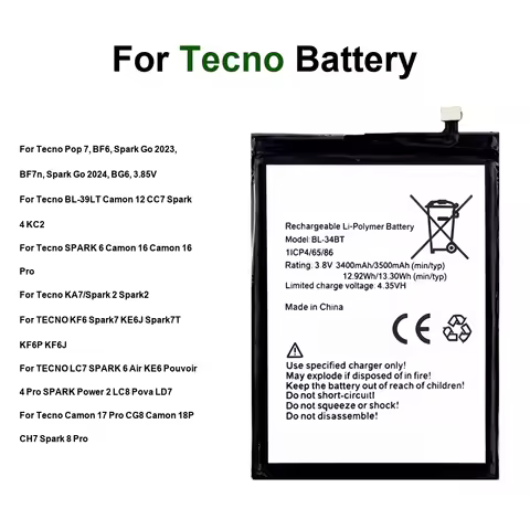 Battery BL-58CT BL-49JT For Tecno BL-39LT KA7 LC7 Pop 2 6 7 12 Spark 7T GO Power 2 4 6 7 8 16 Camon 