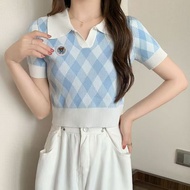 Women's Y2K Argyle Knit Polo Crop Top - Blue & White Summer Shirt