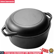 2 in 1 Cast Iron Dutch Oven Pot with Dual Handles Skillet Cookware Pan Set for Bread Frying Baking C