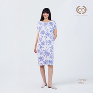 C&D Dress Blue Flower stitch เดรส คอกลม แขนสั้น สีน้ำเงิน CC6KBU