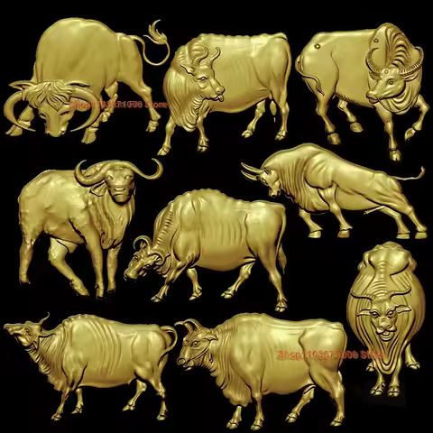 9PCS 3D STL Models Buffalo Cows Bull Wood Carving File for CNC Router Artcam Aspire Cut3d Bas Relief