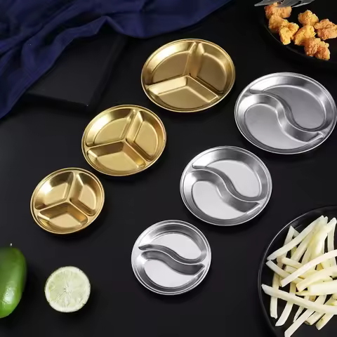 Stainless Steel Dipping Plate, Round Small Plate, Korean Barbecue Seasoning, Gold Grid Plate, Hot Po