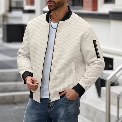 Men's Breathable Waffle Knit Bomber Jacket 2026 New Arrival Contrast Trim Zip Up Stand Collar Street