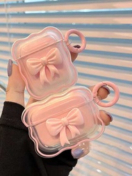粉色1入3d蝴蝶結裝飾透明保護殼,適用於airpods、airpods1/2和airpods Pro,可愛風格