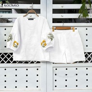 ZANZEA Women Two-piece Outfits 3/4 Sleeve V-Neck Floral Embroidery Top Wide Leg Plain Mini Shorts Se