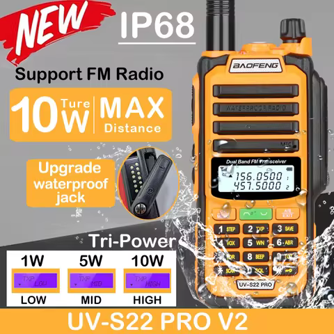 2026 Baofeng UV S22 PRO V2 IP68 Waterproof 10W Power Walkie Talkie Type-C Charger FM Radio UHF VHF L