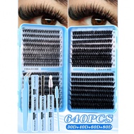 800/640/621 Pcs D-Curl Synthetic Eyelash Extension Set, Featuring Multiple Mixed Thick Density Clust