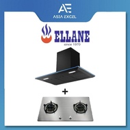 ELLANE EH-2690 90CM BLACK DESIGNER CHIMNEY HOOD + ELLANE ES-828SV 86CM 2 BURNER STAINLESS STEEL GAS 