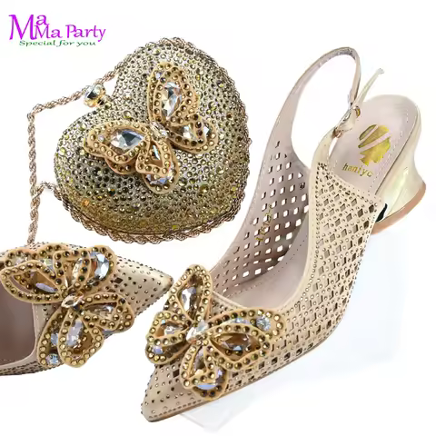 Comfortable Heels New Arrivals African Women Shoes and Bag Set in Gold Color High Quality New Coming
