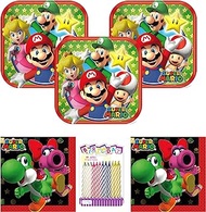 SUPER MARIO Brothers Party Supplies Pack Serves 16 Dessert Plates and Beverage Napkins with Birthday Candles Bros Bundle for 16