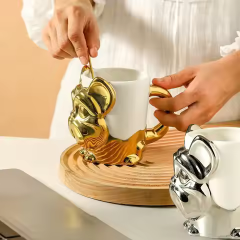 1pc Creative Stereo Dog Coffee Cup Cartoon Animal Tea Cup Gold Plated Silver Dog Ceramic Mug Couple 